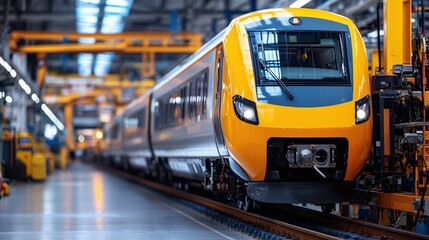 Modern Yellow Train in Industrial Workshop Setting with Advanced Technology and Machinery for Manufacturing Processes and Transportation Development