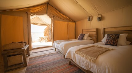 Obraz premium Desert Camping Tent Interior Twin Beds with Patterned Rug and Natural Wood Furniture
