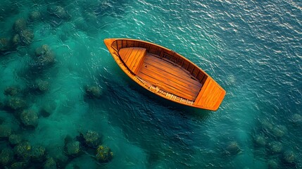 Stunning aerial top down view of a wooden boat gently floating on calm turquoise waters with minimal ripples and bright sunlight creating a peaceful