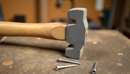 Sturdy metal hammer with wooden handle on workbench, workshop scene.