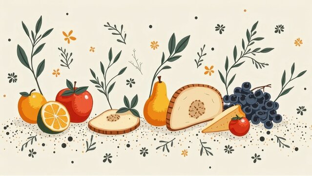 Colorful fruits and cheese arrangement with floral accents