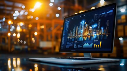 Modern Computer Screen Displaying Urban Data Visualizations in a Warehouse with Blurred Background and Warm Light Effects