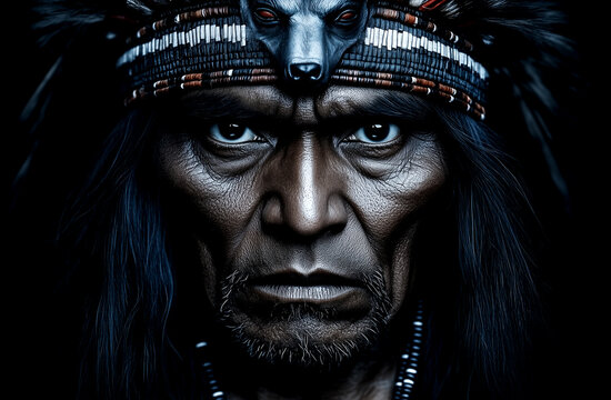 Man wearing a headdress and a mask with a wolf's head. The man's face is dark and his eyes are wide open