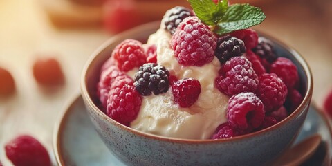 Vanilla ice cream with fresh raspberries, blackberries, mint, and icing sugar in a bowl