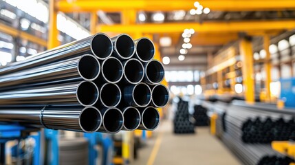 Collection of Steel Pipes Ready for Industrial Use in a Bright and Spacious Manufacturing Facility with Modern Equipment and Tools