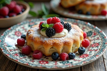 Delicious dessert pastry with fresh berries and cream on floral plate