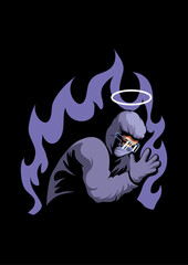 Fototapeta premium Mystery Guardian: A cool character is shrouded in purple flames, sporting trendy sunglasses, and a heavenly halo. Capturing the essence of mystery.