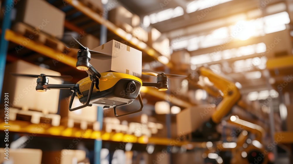 Poster drone delivering package in warehouse setting with automated system and ambient light for e-commerce