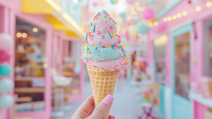Sweet summer treat: Ice cream delight with pastel building for social media