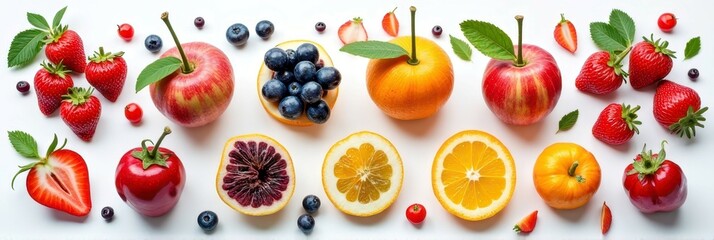 Colorful assortment of fresh fruits including apples, oranges, berries, and strawberries on white background