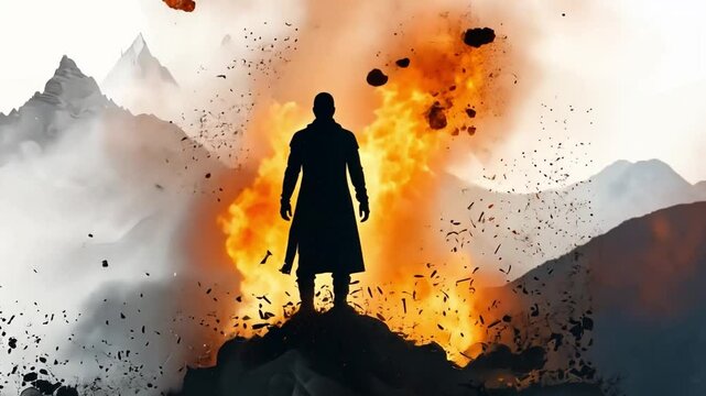 Resilience Amidst Chaos: A lone figure, silhouetted against a fiery inferno and majestic mountain range, embodies strength, resilience, and the indomitable human spirit.