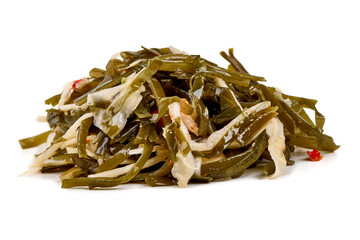 Marinated Kelp Seaweed Salad with Red Peppers Isolated on White Background.