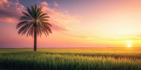 Obraz premium palm tree amidst a vast field, bathed in the soft light of sunset, with the sky turning warm and vibrant as the day comes to a close