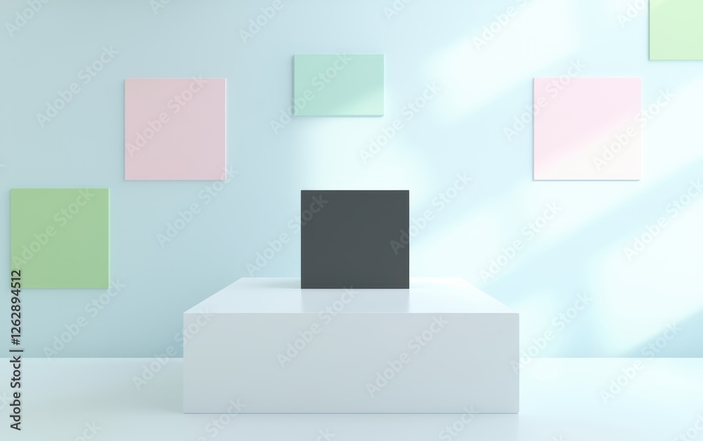 Wall mural Minimalist display showcasing a black cube on a white podium, surrounded by pastel-colored squares on a light blue wall.