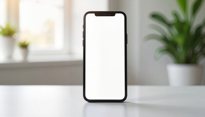 Smartphone mockup on a white table with indoor plants background