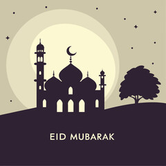 Eid Mubarak 2025 Islamic Festival Greeting Card Design with Crescent Moon, Lanterns, and Calligraphy &ndash; Simple Vector Illustration