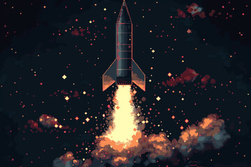 Fototapeta premium Pixel art rocket launching into space with stars in background