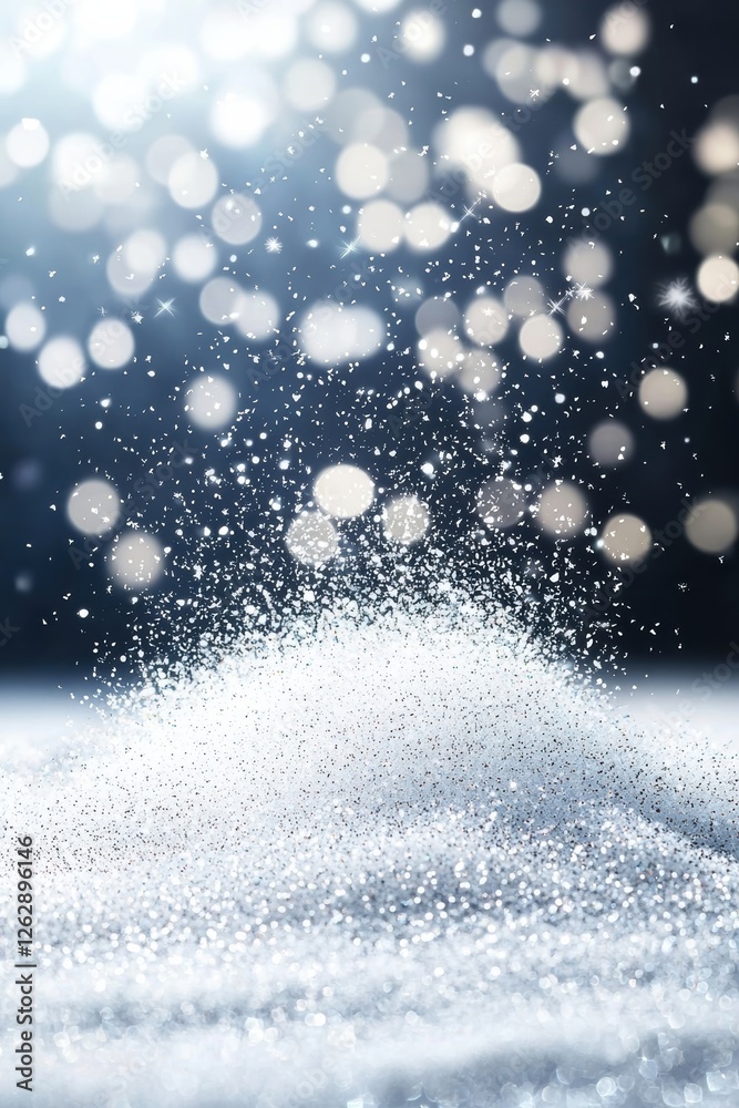 Poster a close-up view of shimmering snow particles creating a magical winter atmosphere with soft bokeh li