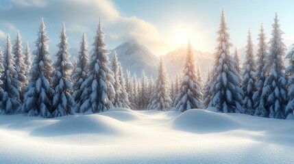 Fototapeta premium Majestic snow-covered forest with sunlit mountains in winter landscape