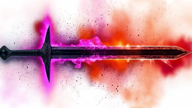 Fiery Soul: A dark sword, imbued with vibrant pink and orange flames, crackles with magical energy. The intense colors and ethereal smoke create a visually stunning and dramatic image.