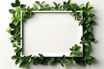 Naklejka premium Tech plants growth and greenery. Blank frame surrounded by lush green leaves on a textured background.