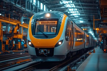 Obraz premium Modern electric passenger train standing inside production line of train factory