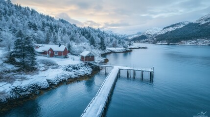 Norwegian pier as it stretches into the icy expanse, surrounded by snow-laden trees and tranquil fjords