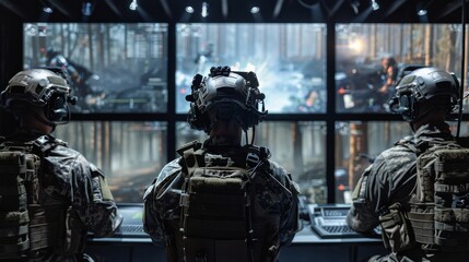 Virtual reality military simulation war game strategy control room soldier surveillance defense technology VR gaming training