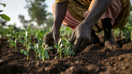 A close-up of hands planting pulses in the soil, with a focus on small seedling plants, symbolizing the importance of growing pulses for food security and sustainable agriculture