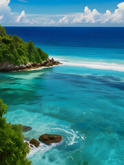 Fototapeta premium 발리의 깨끗한 해안선에서 영감을 받은 수정처럼 맑은 에메랄드빛 바다가 숨막히는 열대 바다 풍경입니다. 부드러운 파도가 수면을 가로질러 흐르며 청록색과 짙은 녹색의 매혹적인 춤으로 햇빛을 반사합니다.
