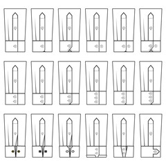 Technical flat sketch of Cuffs. Types of cuffs. Shirt sleeve details. Button closure. Shirt cuffs types flat line icons set. One button, french cuff, turnback sleeves. Vector mock up Template. 
