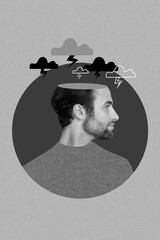 Vertical collage image of black white gamma guy opened head thunderstorm clouds lightning isolated...