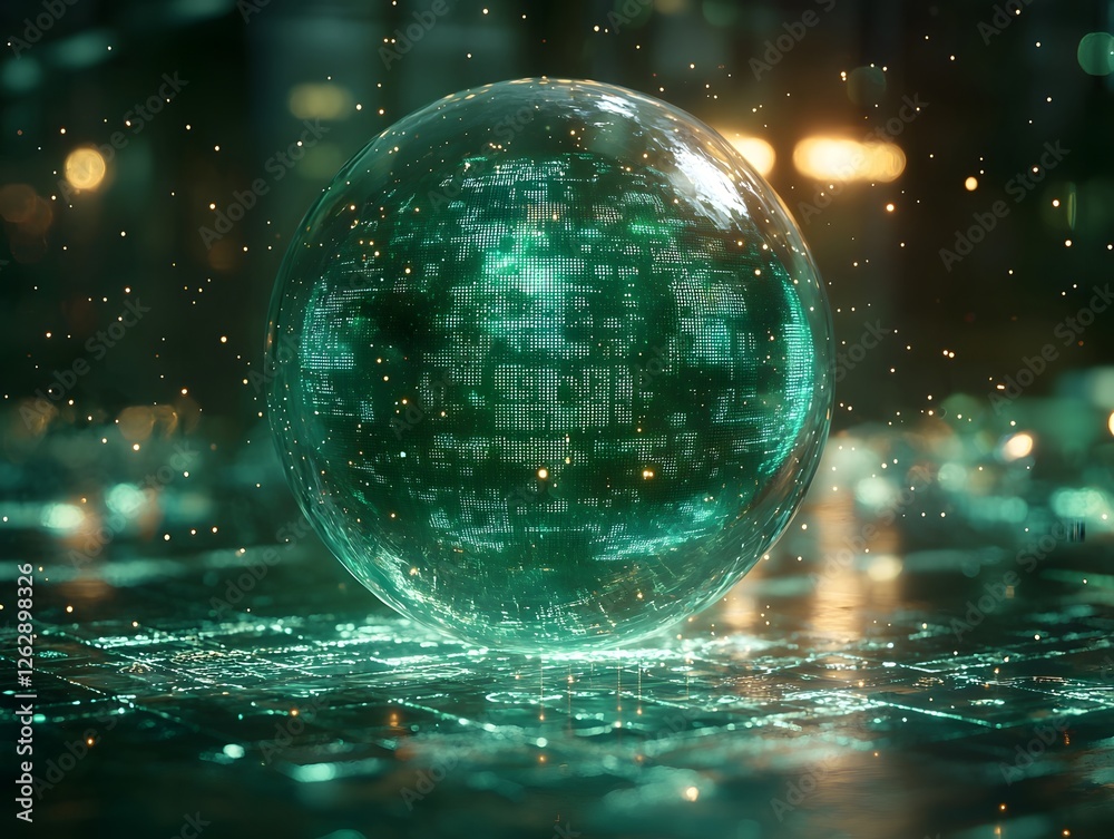 Poster glowing quantum sphere radiating light trails representing infinite computational probabilities
