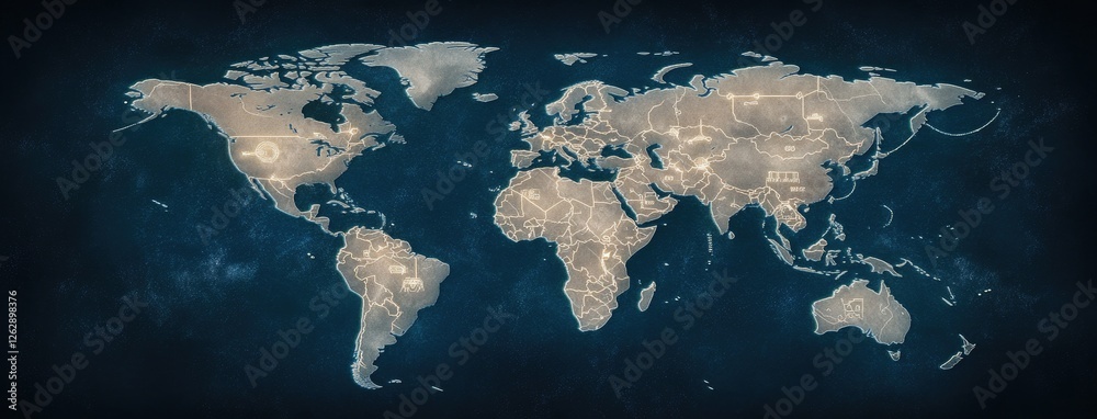 Poster experience a visual representation of a global network connection map featuring location signs in an
