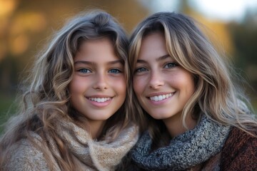 Obraz premium Two smiling blonde sisters wearing knitted scarves are posing together outdoors