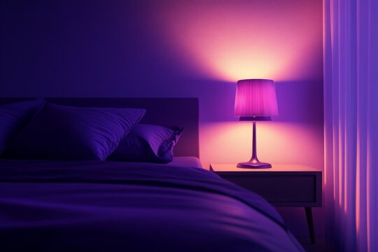 A serene bedroom scene featuring a glowing lamp casting soft purple hues over a comfortable bed and nightstand.
