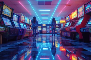 Two young women playing arcade games in a retro style gaming room