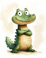 Fototapeta premium Cute cartoon crocodile with arms crossed isolated on white background