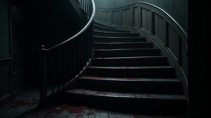 Fototapeta premium Dark Spiral Staircase – Blood-Stained Steps in a Haunted House
