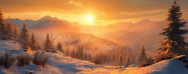 Snowy Mountain Tops With Golden Sunlight, Generative AI