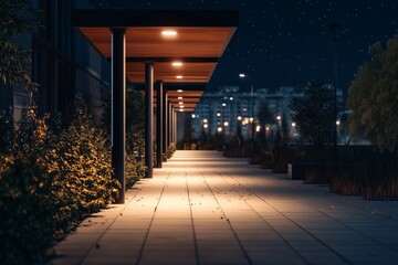 Fototapeta premium A beautifully lit pathway under a clear night sky, highlighting urban architecture and tranquil evening ambiance.