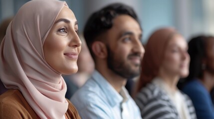 Young diverse audience actively engaged during educational seminar in modern university setting, displaying genuine interest and focus while absorbing knowledge for professional development.