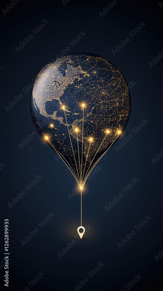 Poster experience a visual representation of a global network connection map featuring location signs in an
