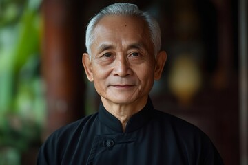 Portrait of smiling senior asian chef showing confidence and hospitality
