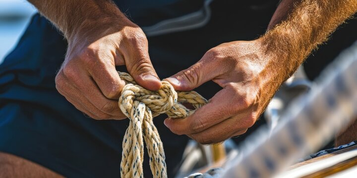 A close-up of a sailor's hands expertly tying a complex knot on the deck of a yacht