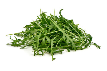Fresh vegetarian arugula salad, isolated on white background. High resolution image.