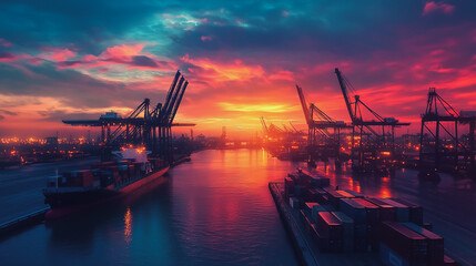 Fototapeta premium Container truck in ship port for business Logistics and transportation of Container Cargo ship and Cargo plane with working crane bridge in shipyard at sunrise, logistic import export and transport