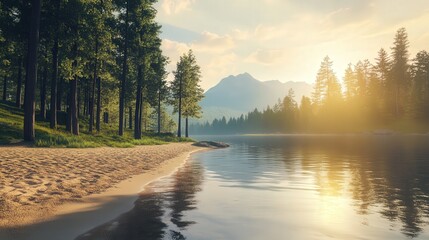 Fototapeta premium scene where gentle waves lap against the sandy shore, surrounded by towering pine trees under a golden morning light in ultra-high definition