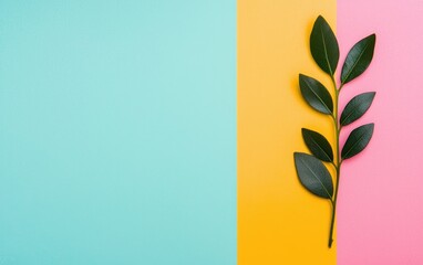 A vibrant composition featuring green leaves against a colorful background of teal, yellow, and pink. Perfect for nature themes.