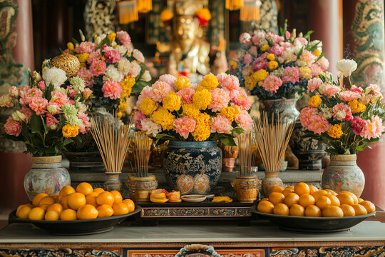 tet altar with fruits and flowers